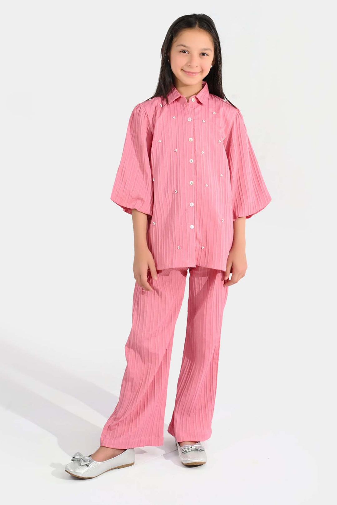Girls Cotton Co-Ord Set (Solid) - Pink