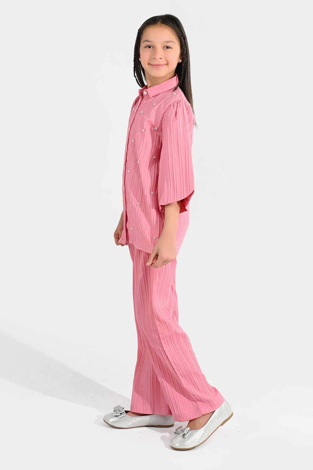 Girls Cotton Co-Ord Set (Solid) - Pink