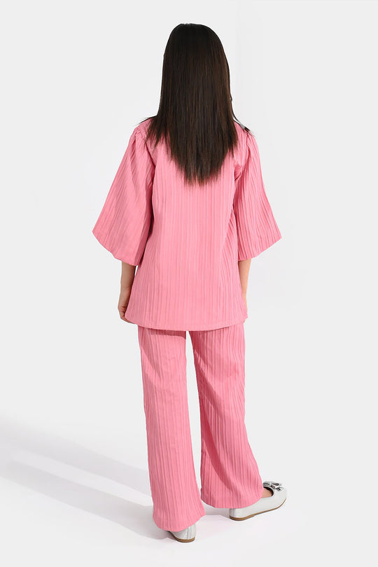 Girls Cotton Co-Ord Set (Solid) - Pink