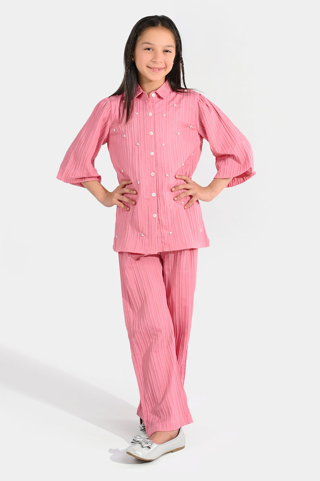 Girls Cotton Co-Ord Set (Solid) - Pink