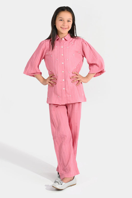 Girls Cotton Co-Ord Set (Solid) - Pink