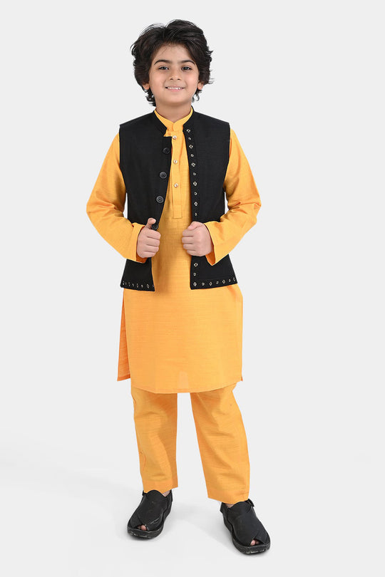 Boys Cotton Slub 3 Piece Suit (Royal Motif)-Citrus