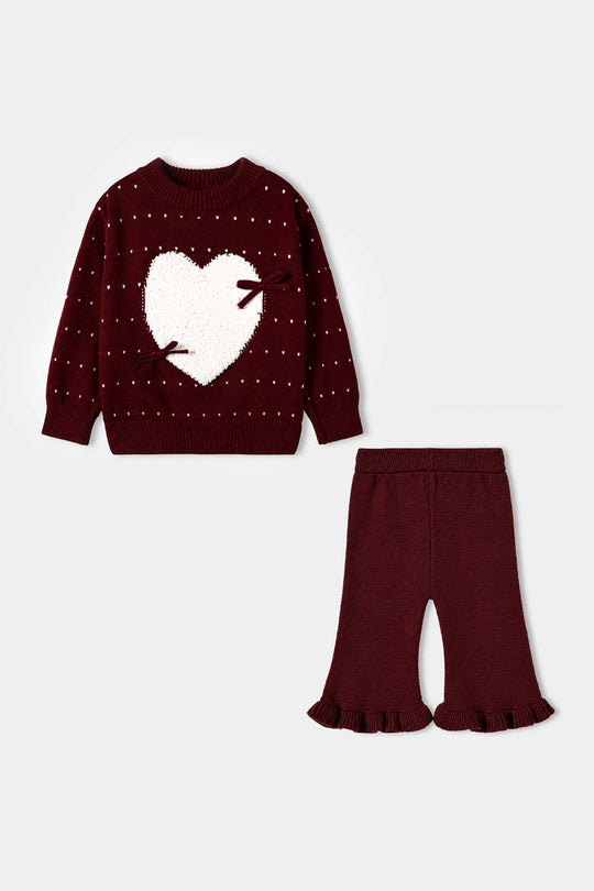 Infant Girls Acrylic Co-ord Set-Heart-MAROON