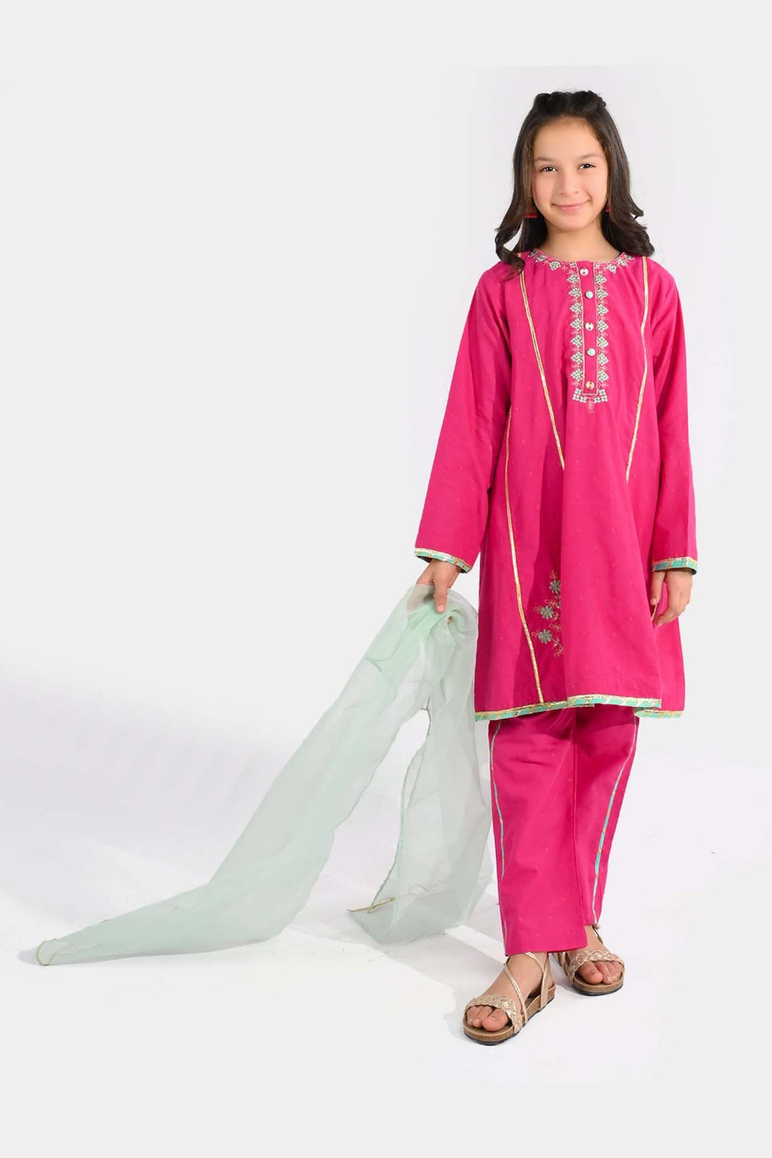 Girls Jacquard 3-Piece Suit (Dil Naz) - Shocking Pink