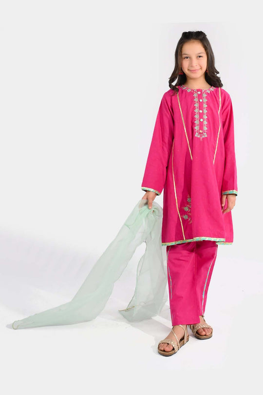 Girls Jacquard 3-Piece Suit (Dil Naz) - Shocking Pink
