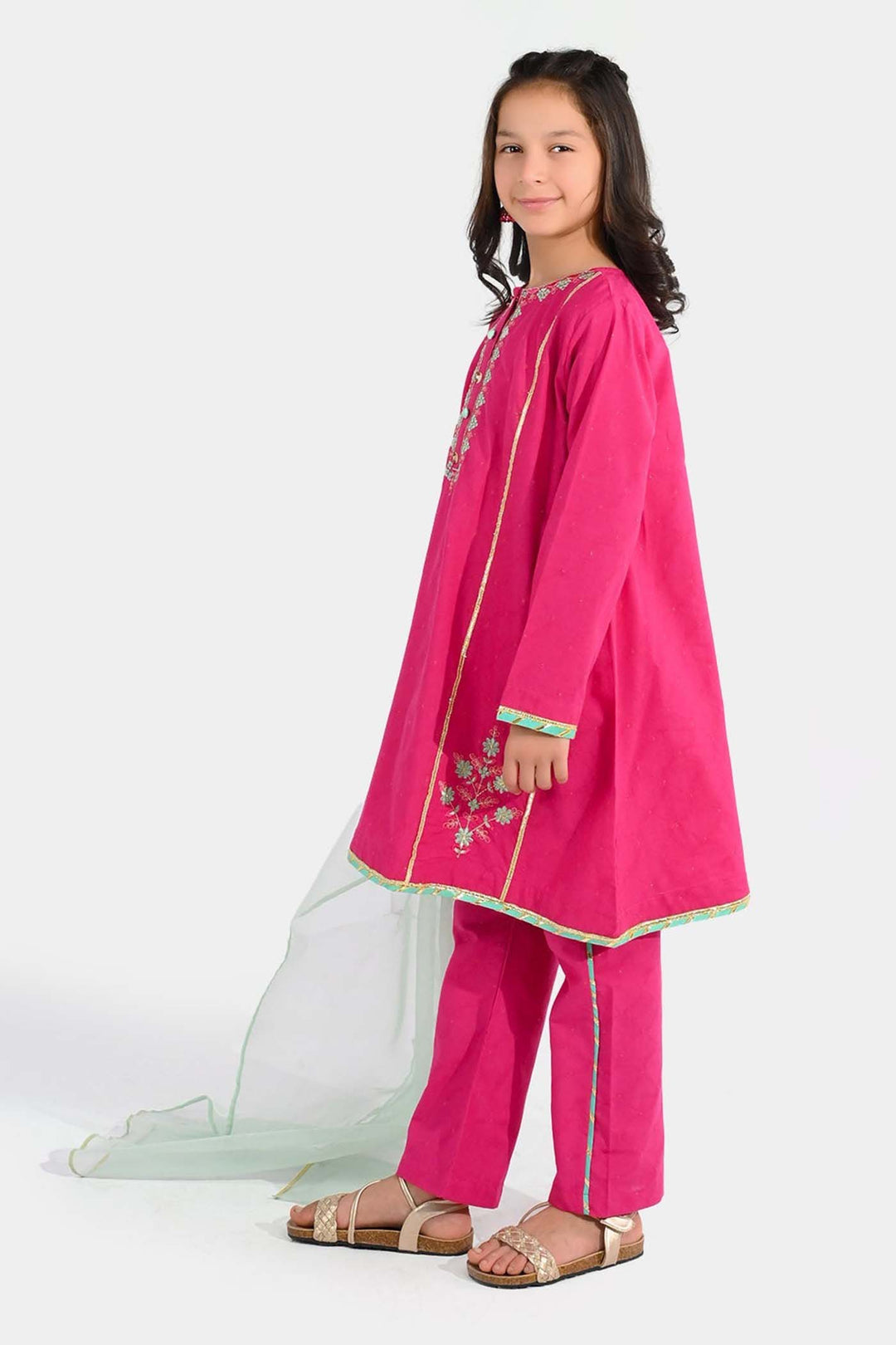 Girls Jacquard 3-Piece Suit (Dil Naz) - Shocking Pink