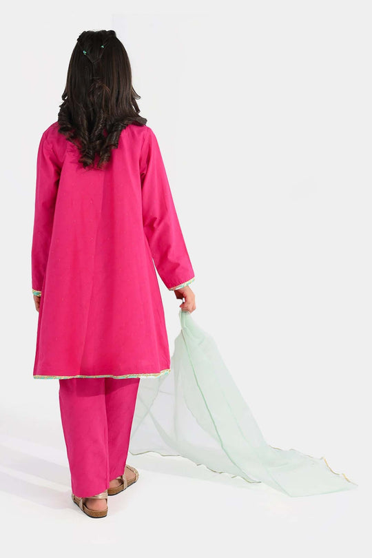 Girls Jacquard 3-Piece Suit (Dil Naz) - Shocking Pink