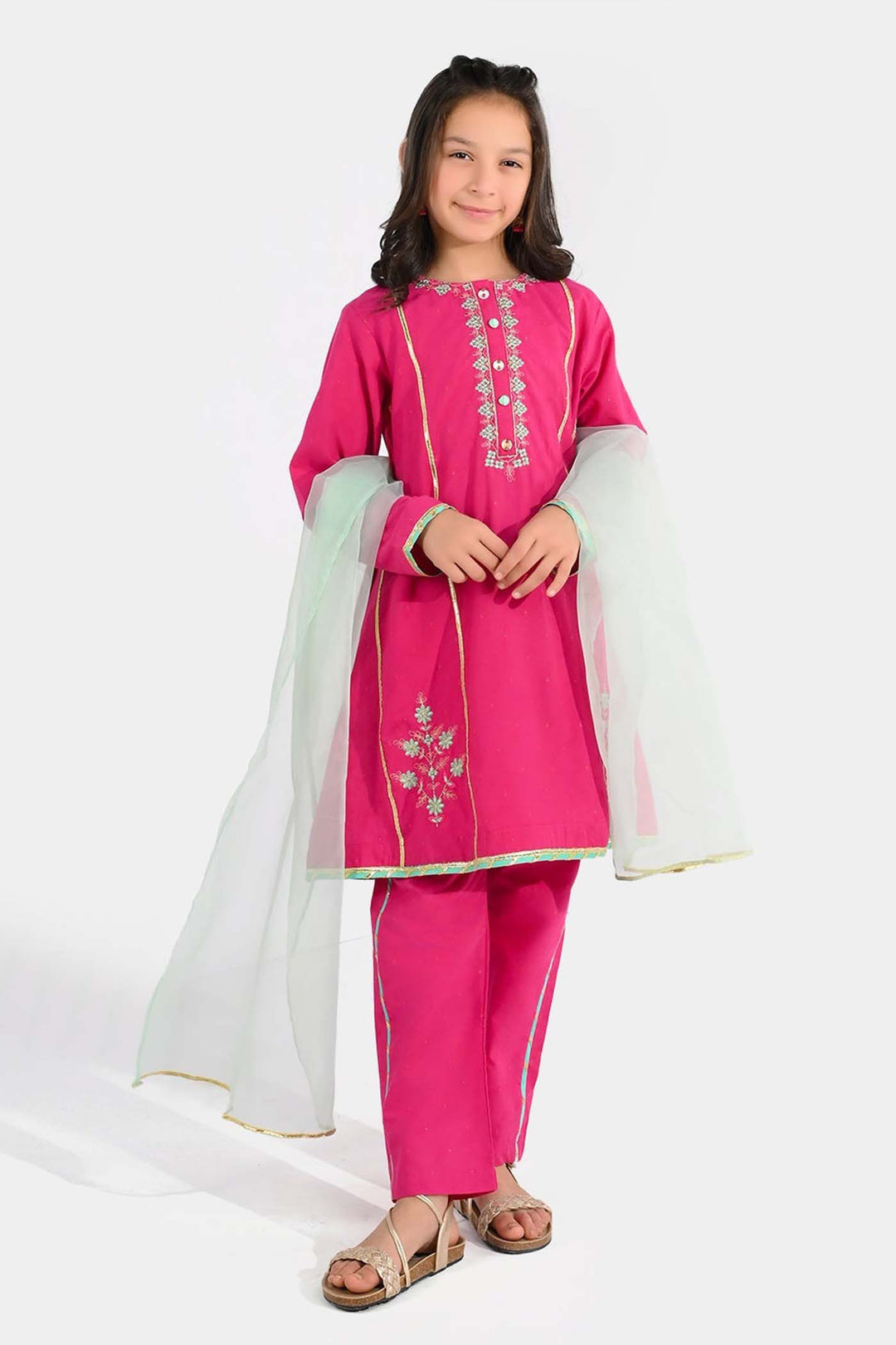 Girls Jacquard 3-Piece Suit (Dil Naz) - Shocking Pink