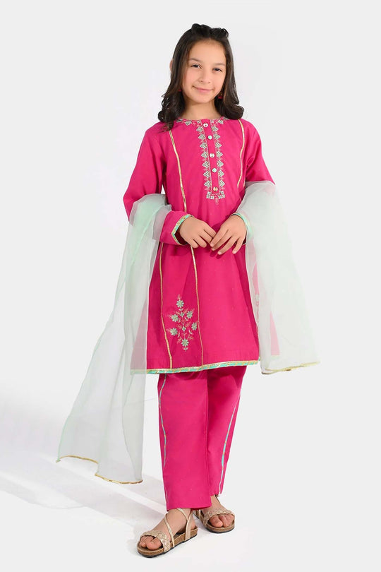 Girls Jacquard 3-Piece Suit (Dil Naz) - Shocking Pink