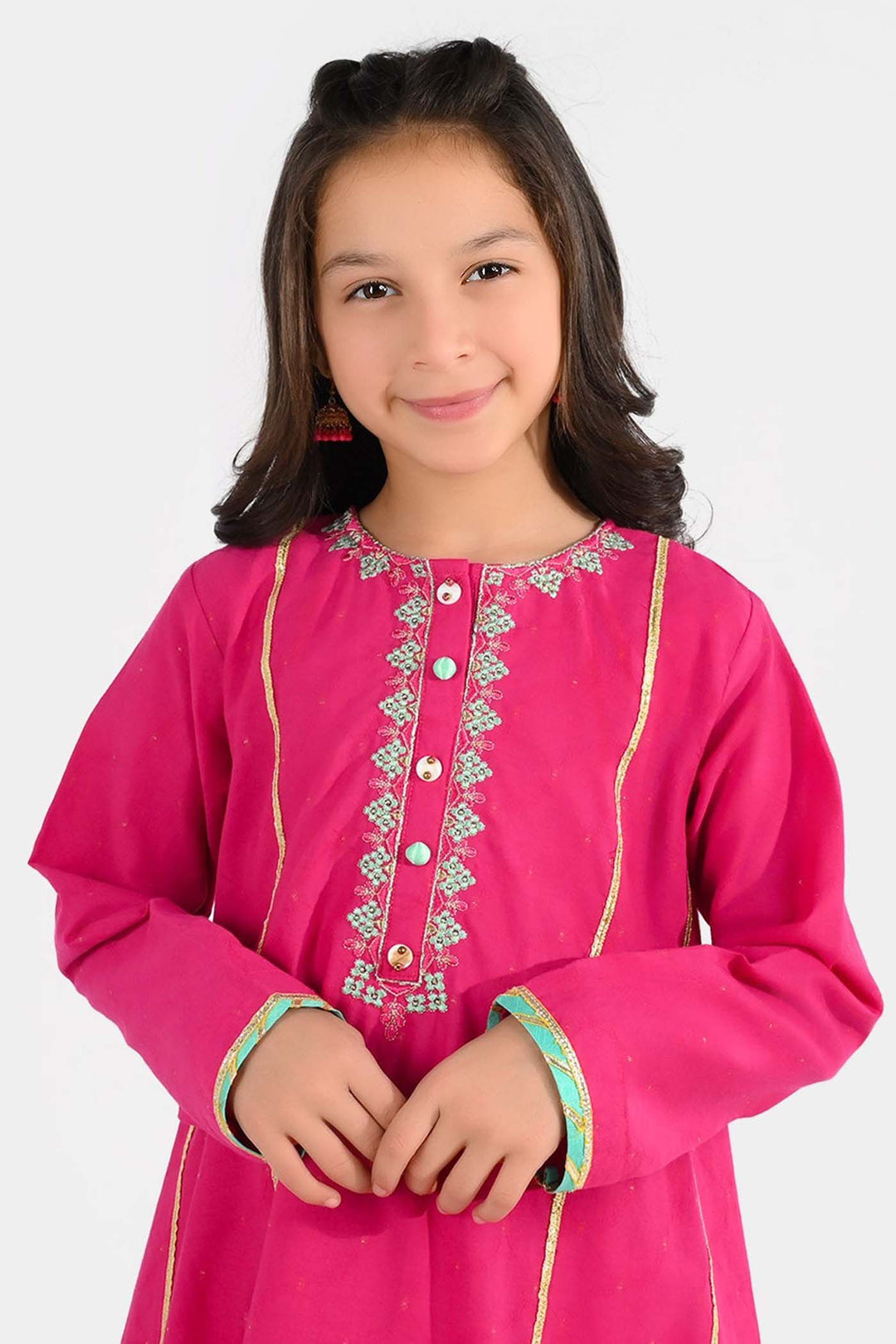 Girls Jacquard 3-Piece Suit (Dil Naz) - Shocking Pink