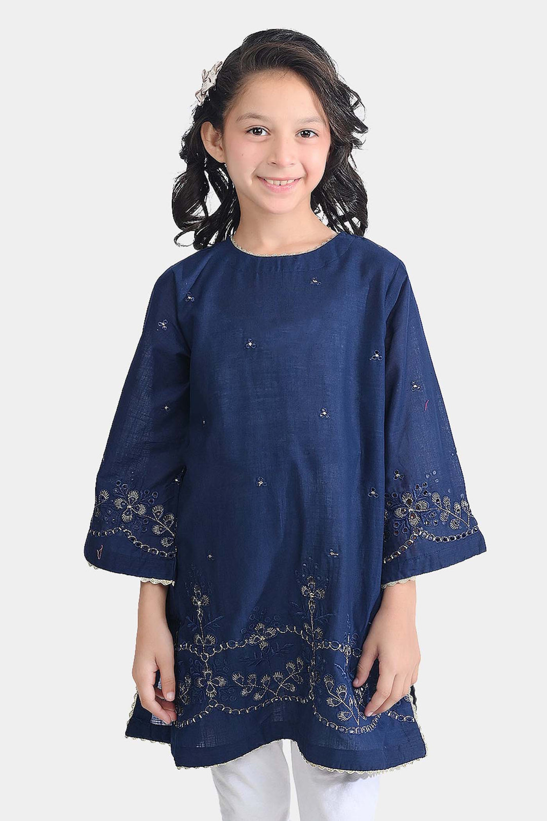 Girls Cotton Slub Emb Kurti-Navy Blue