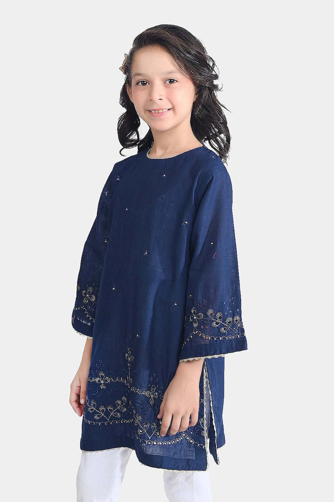 Girls Cotton Slub Emb Kurti-Navy Blue