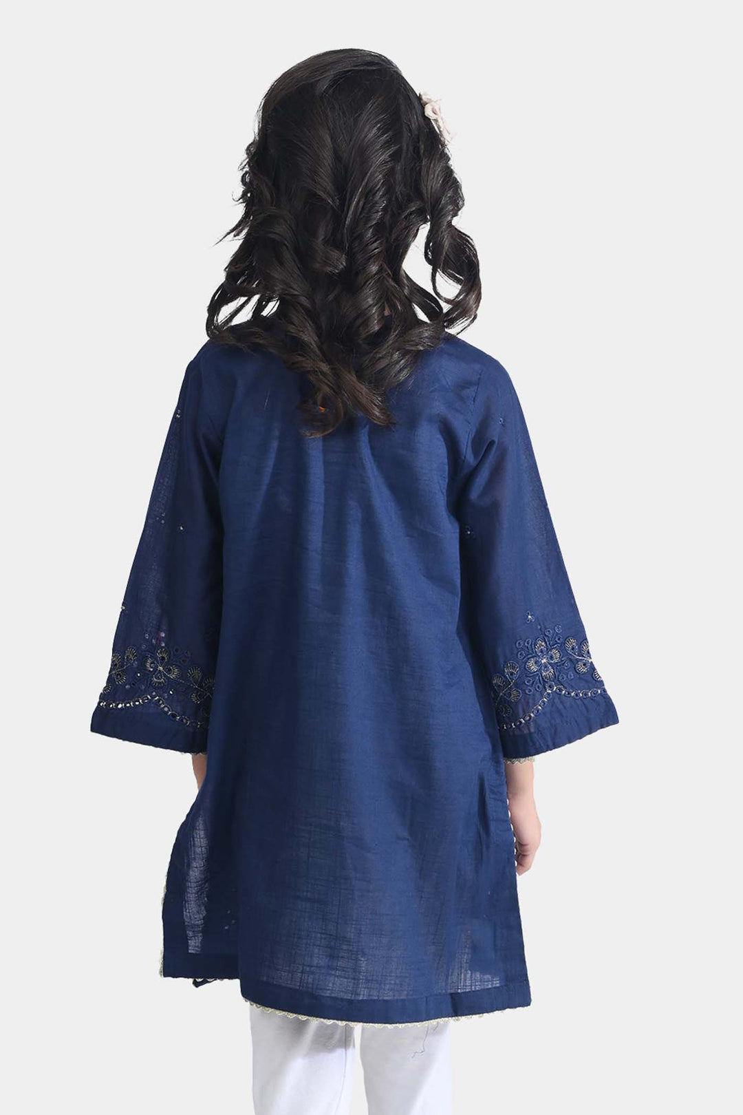 Girls Cotton Slub Emb Kurti-Navy Blue