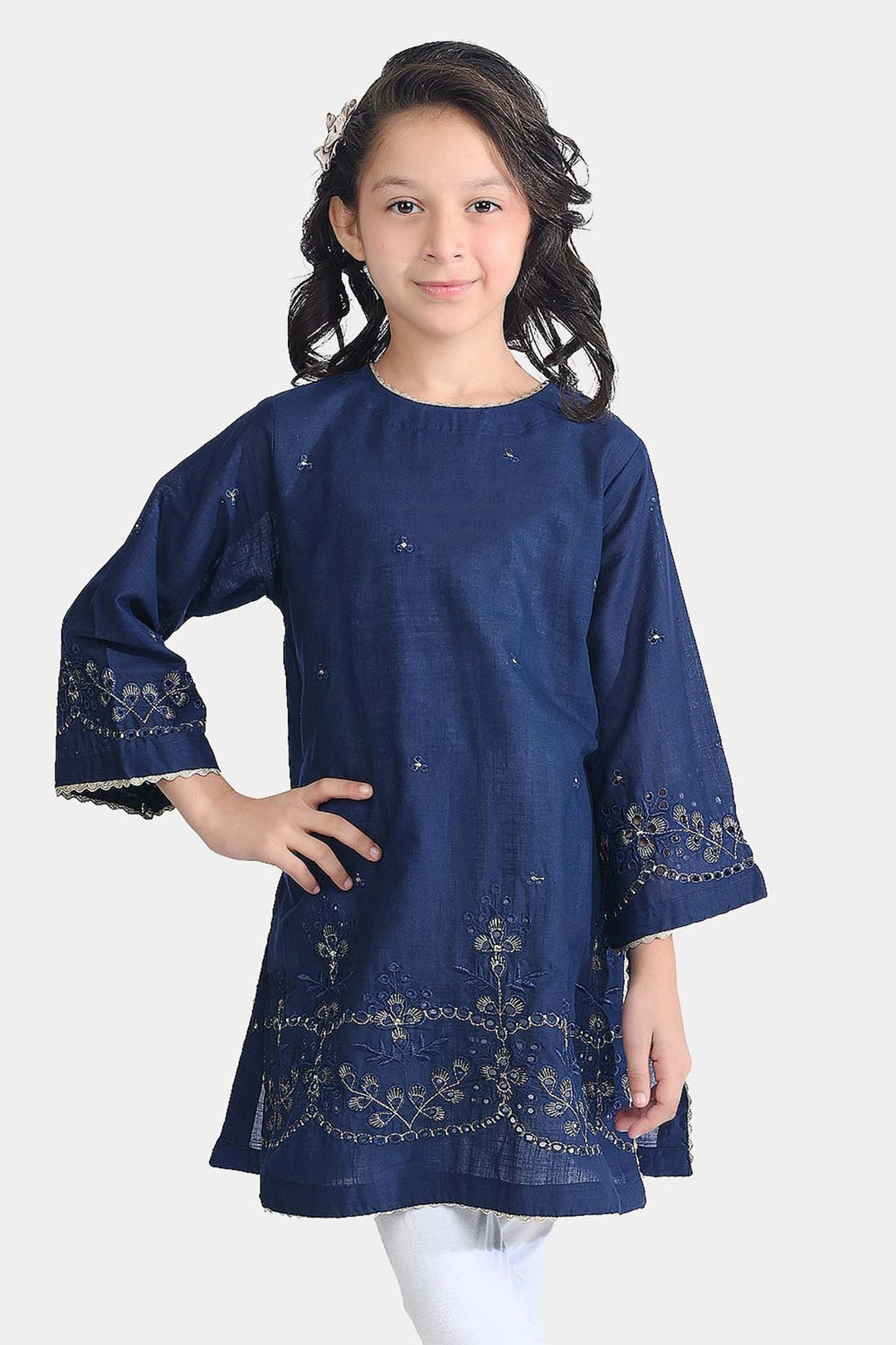 Girls Cotton Slub Emb Kurti-Navy Blue