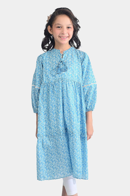 Girls Cotton Poplin Long Dress Blue Floral