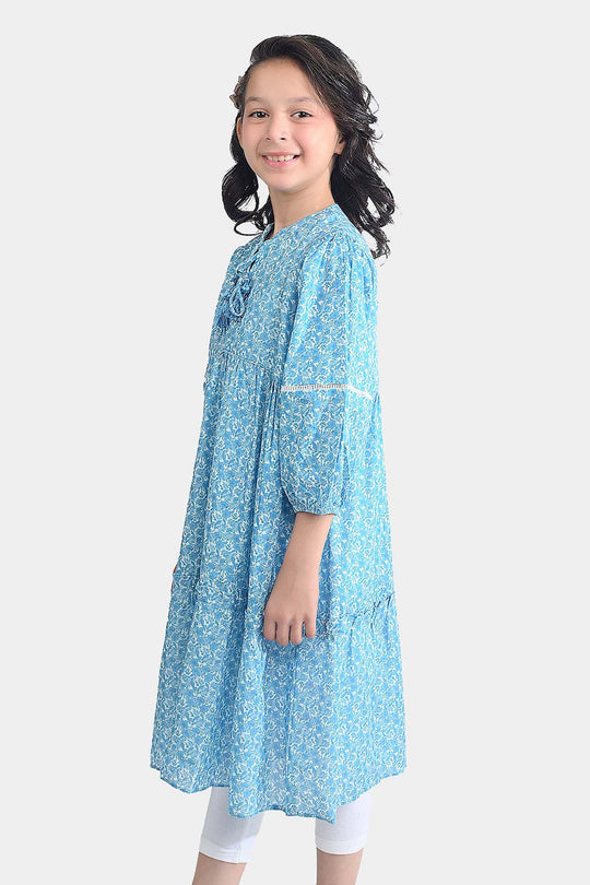 Girls Cotton Poplin Long Dress Blue Floral
