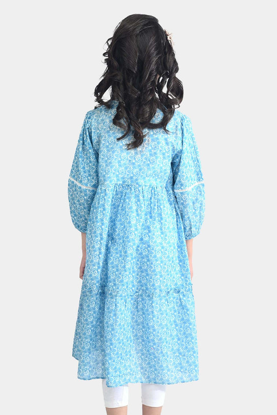 Girls Cotton Poplin Long Dress Blue Floral