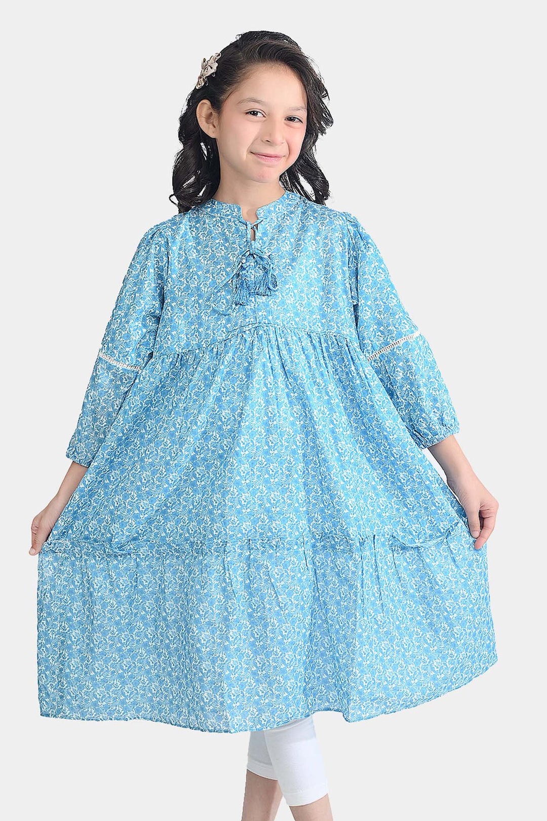 Girls Cotton Poplin Long Dress Blue Floral