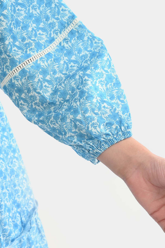 Girls Cotton Poplin Long Dress Blue Floral