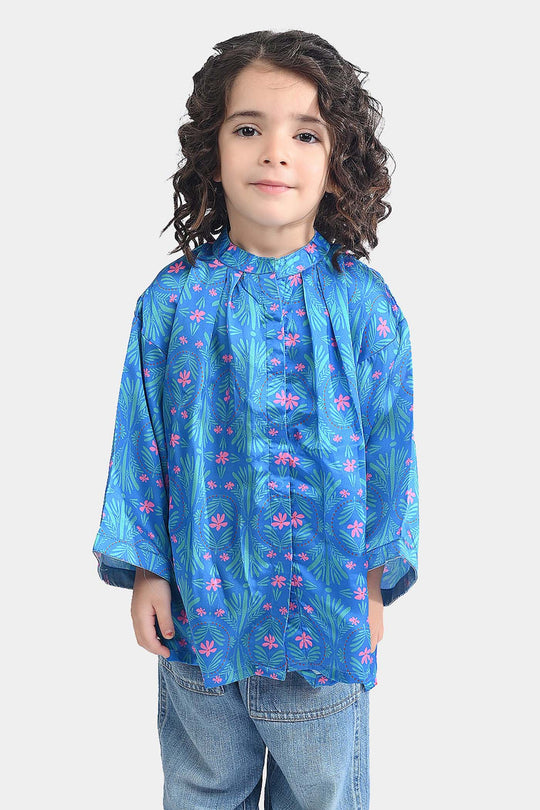 Girls Poly Cambric Casual Top Tropical-Blue