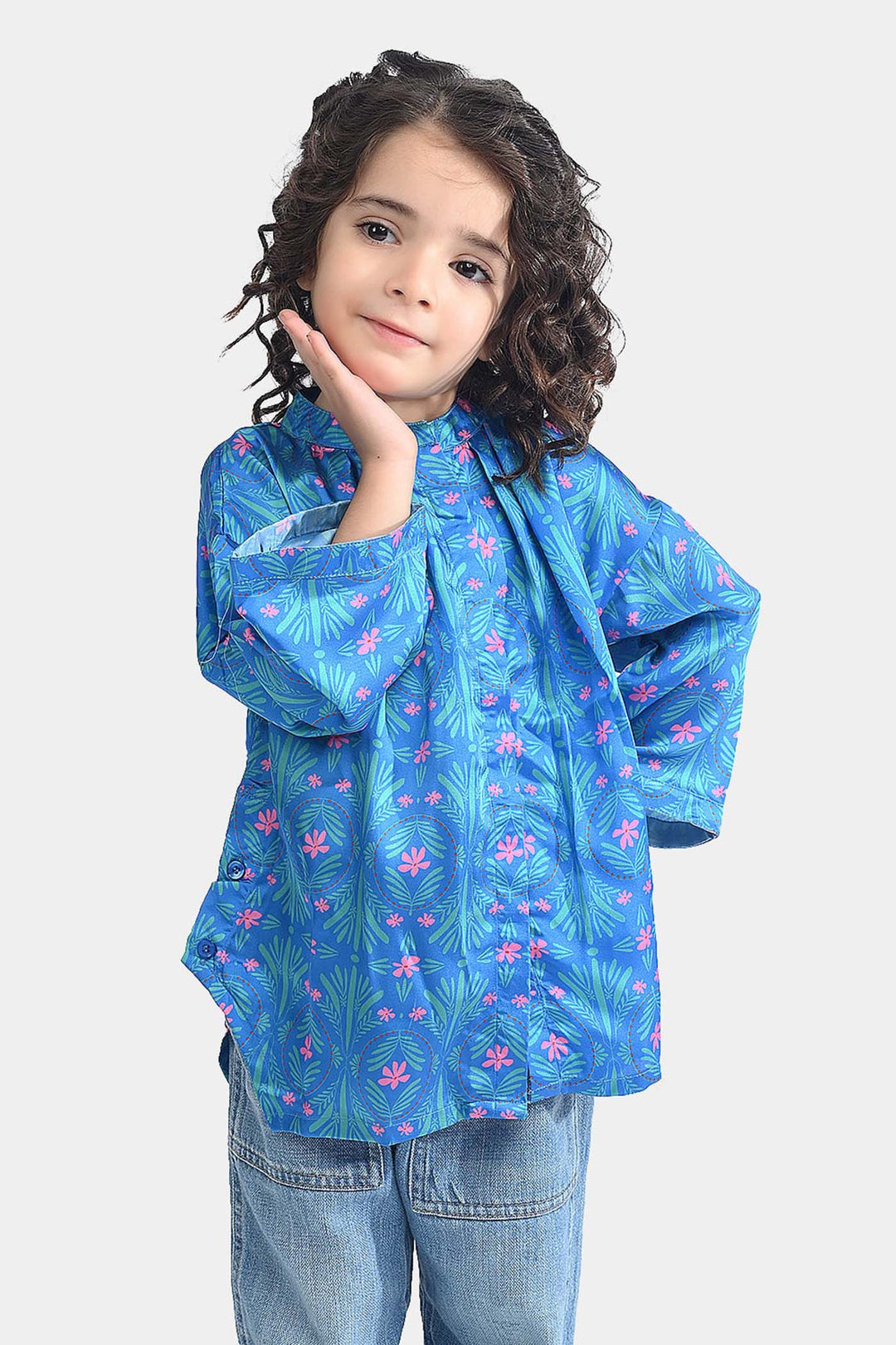 Girls Poly Cambric Casual Top Tropical-Blue