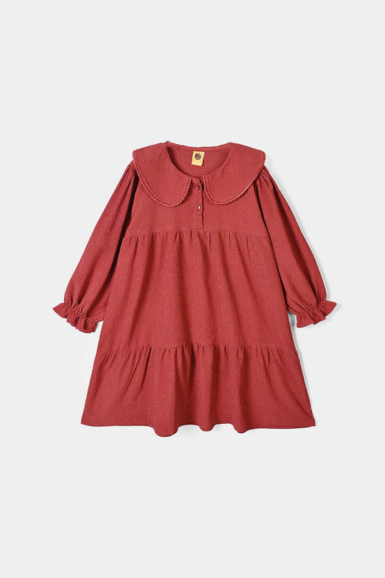 Girls Poly Crinkle Casual Frock Wave-Red