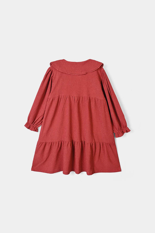 Girls Poly Crinkle Casual Frock Wave-Red