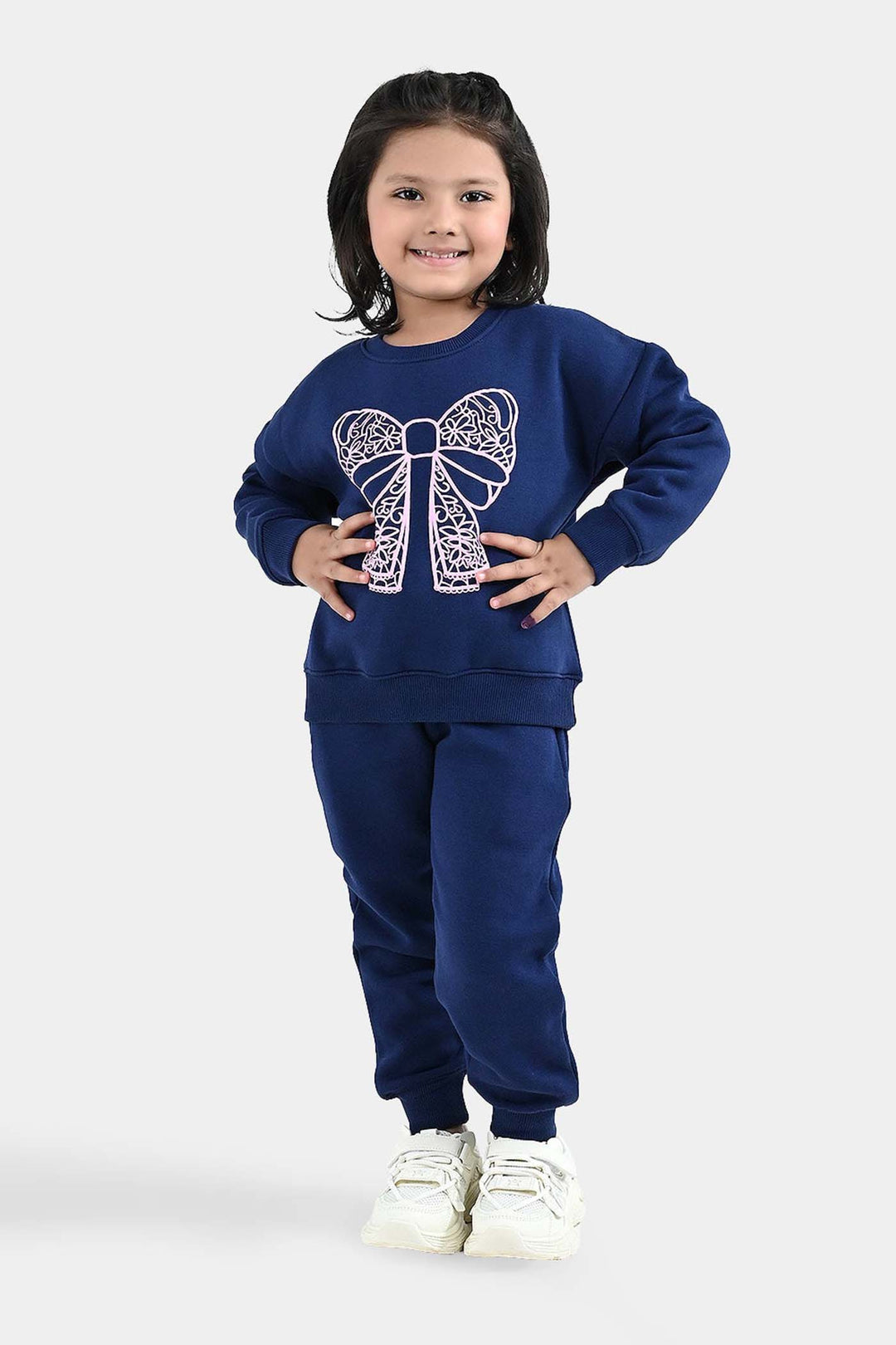 Girls Fleece 2 Piece Suit Lace Bow - NAVY