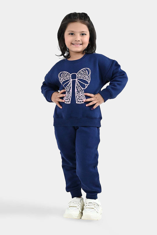 Girls Fleece 2 Piece Suit Lace Bow - NAVY