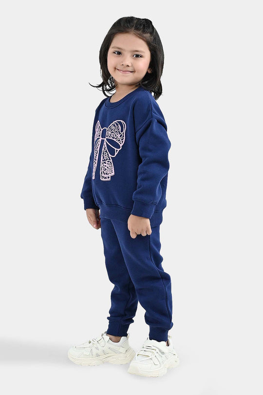 Girls Fleece 2 Piece Suit Lace Bow - NAVY