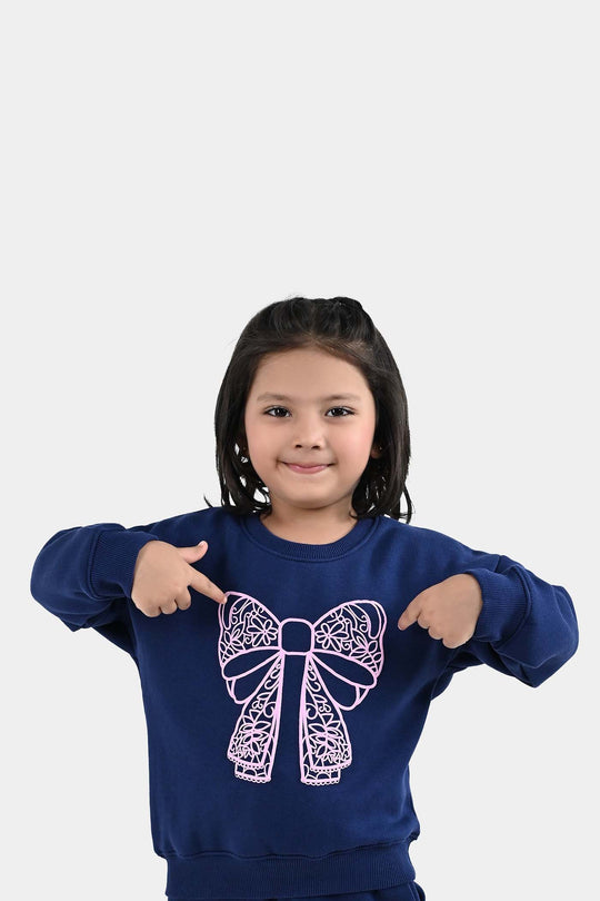 Girls Fleece 2 Piece Suit Lace Bow - NAVY