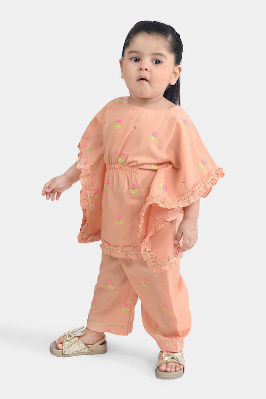 Infant Girls Poly Cambric Fancy 2 Pcs Flowers-Peach