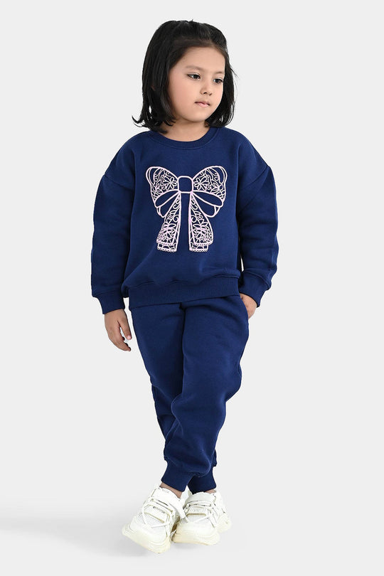 Girls Fleece 2 Piece Suit Lace Bow - NAVY