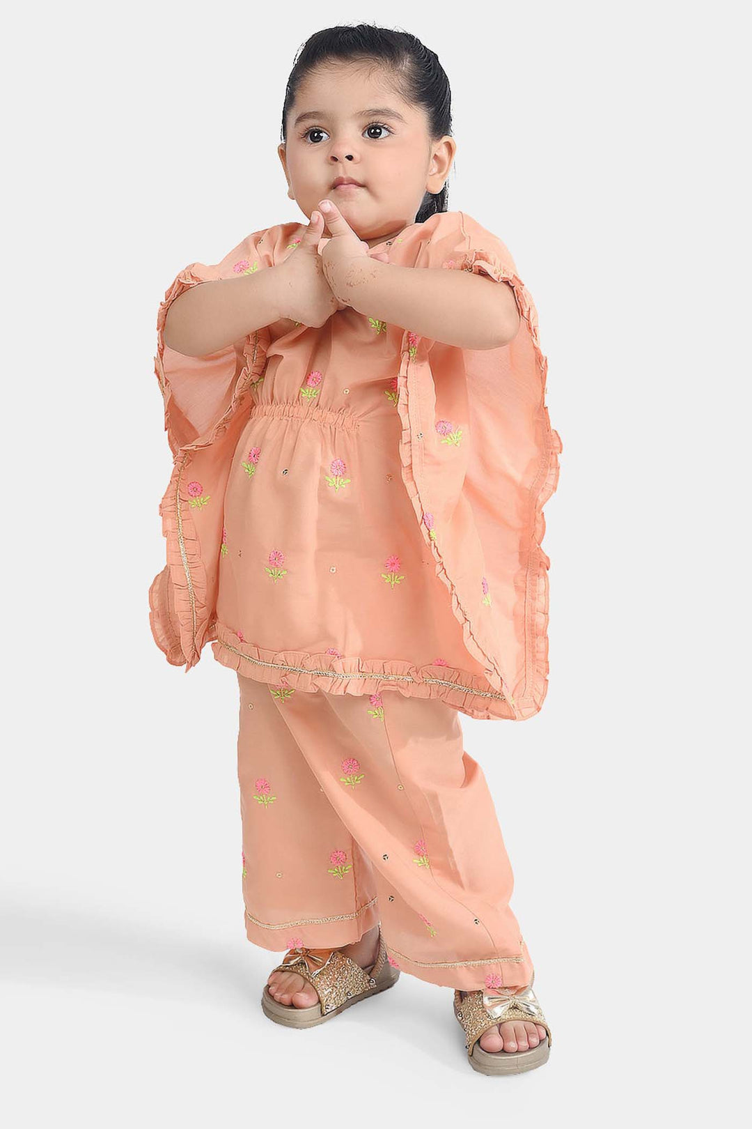 Infant Girls Poly Cambric Fancy 2 Pcs Flowers-Peach