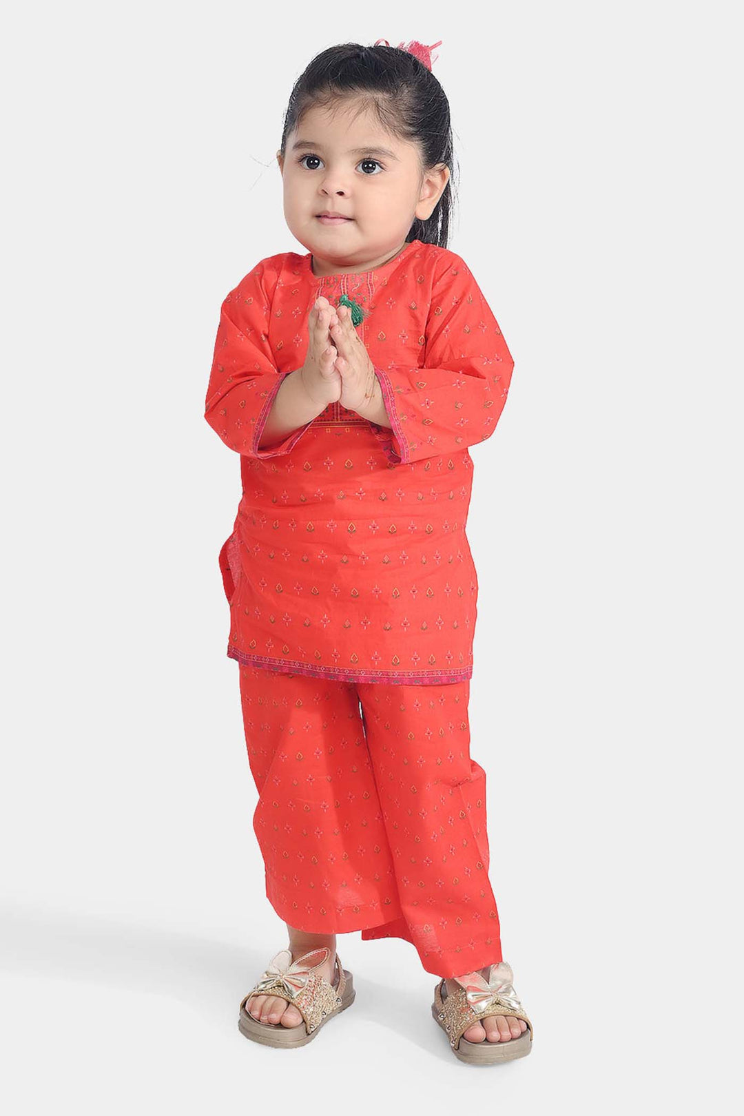 Infant Girls Cotton Poplin Printed 2Pcs Cross Stitch-ORANGE