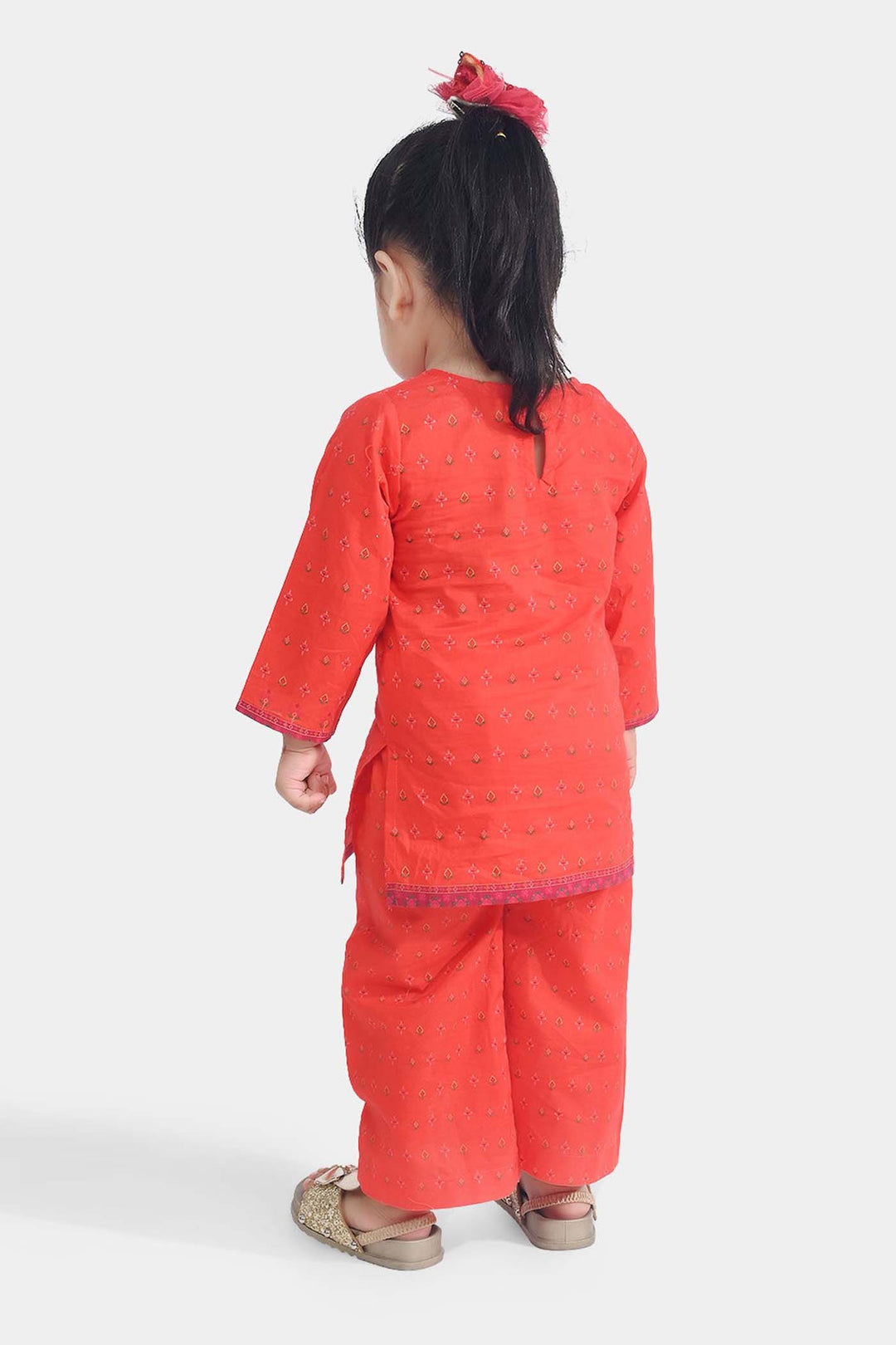 Infant Girls Cotton Poplin Printed 2Pcs Cross Stitch-ORANGE