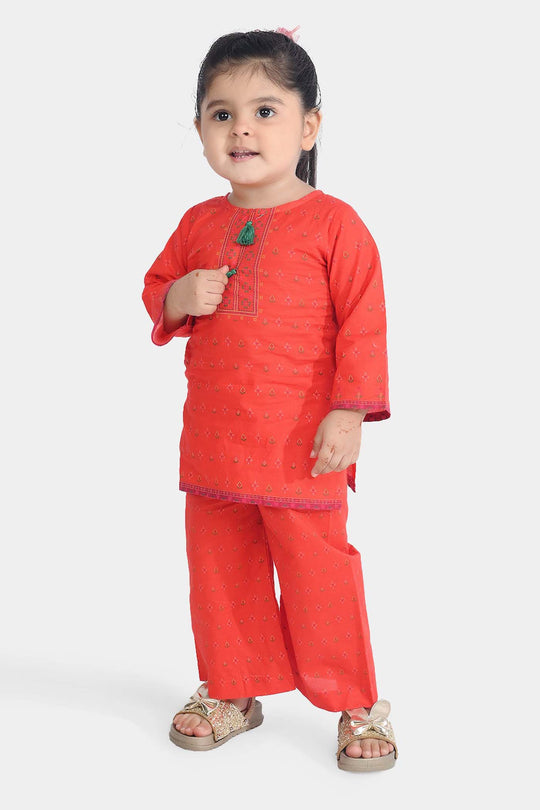 Infant Girls Cotton Poplin Printed 2Pcs Cross Stitch-ORANGE