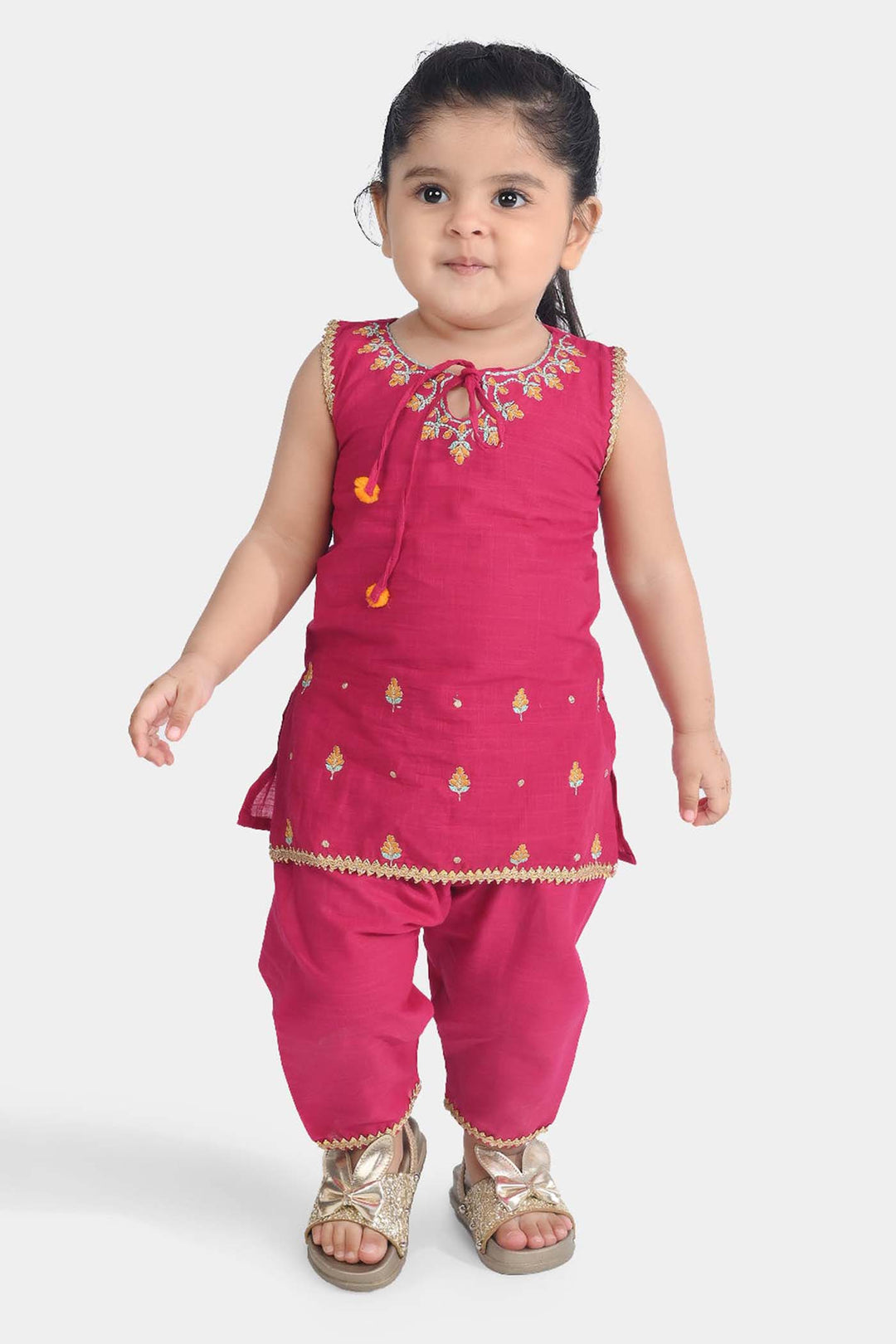Infant Girls Cotton Slub Emb 2Pcs Magenta-Bright Pink