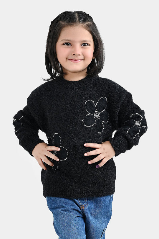 Girls Feather Acrylic Sweater Floral Sequence - Black