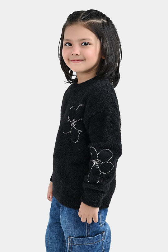 Girls Feather Acrylic Sweater Floral Sequence - Black