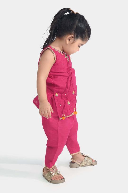 Infant Girls Cotton Slub Emb 2Pcs Magenta-Bright Pink