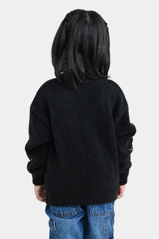 Girls Feather Acrylic Sweater Floral Sequence - Black