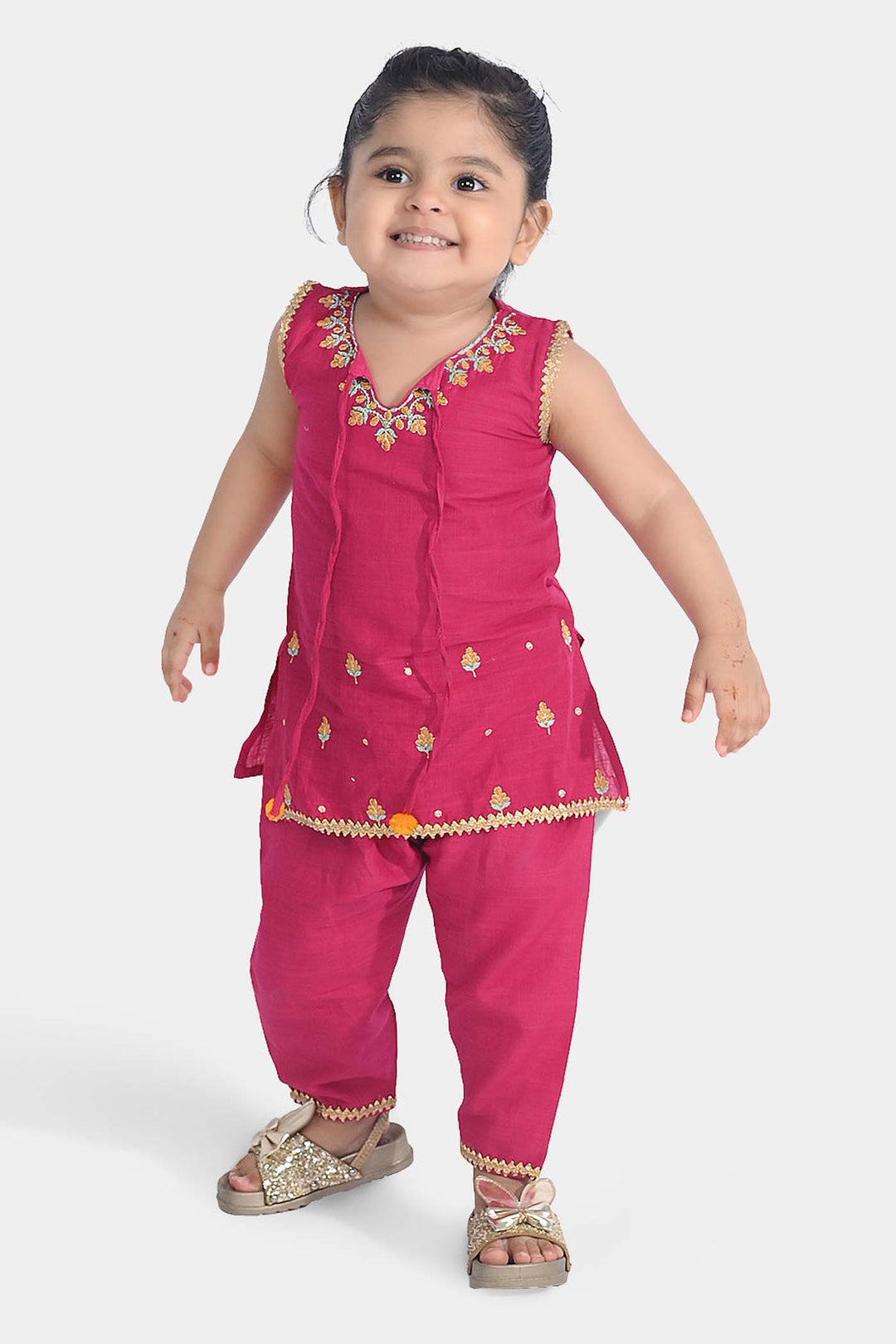 Infant Girls Cotton Slub Emb 2Pcs Magenta-Bright Pink
