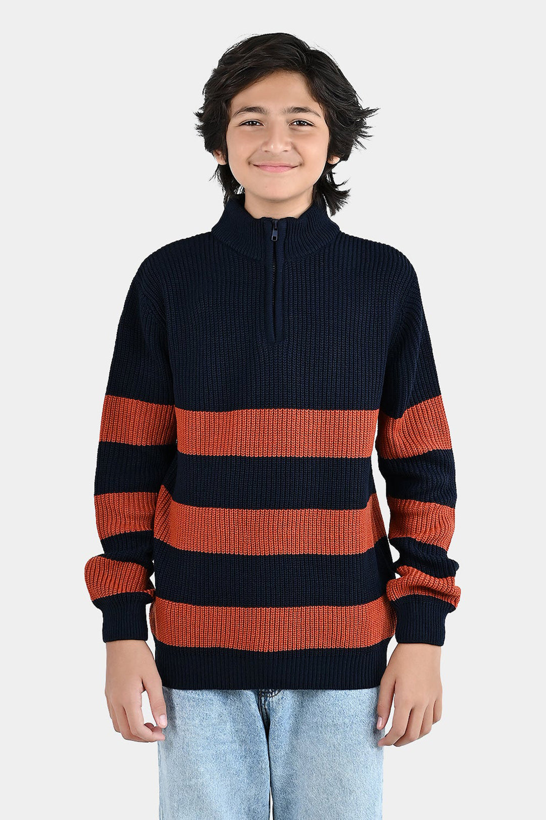 Boys Acrylic Sweater Stripe Mock - Red/Blue