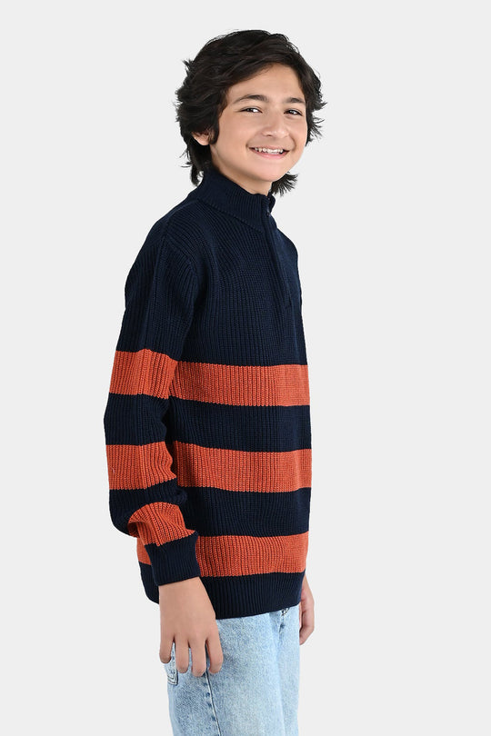 Boys Acrylic Sweater Stripe Mock - Red/Blue
