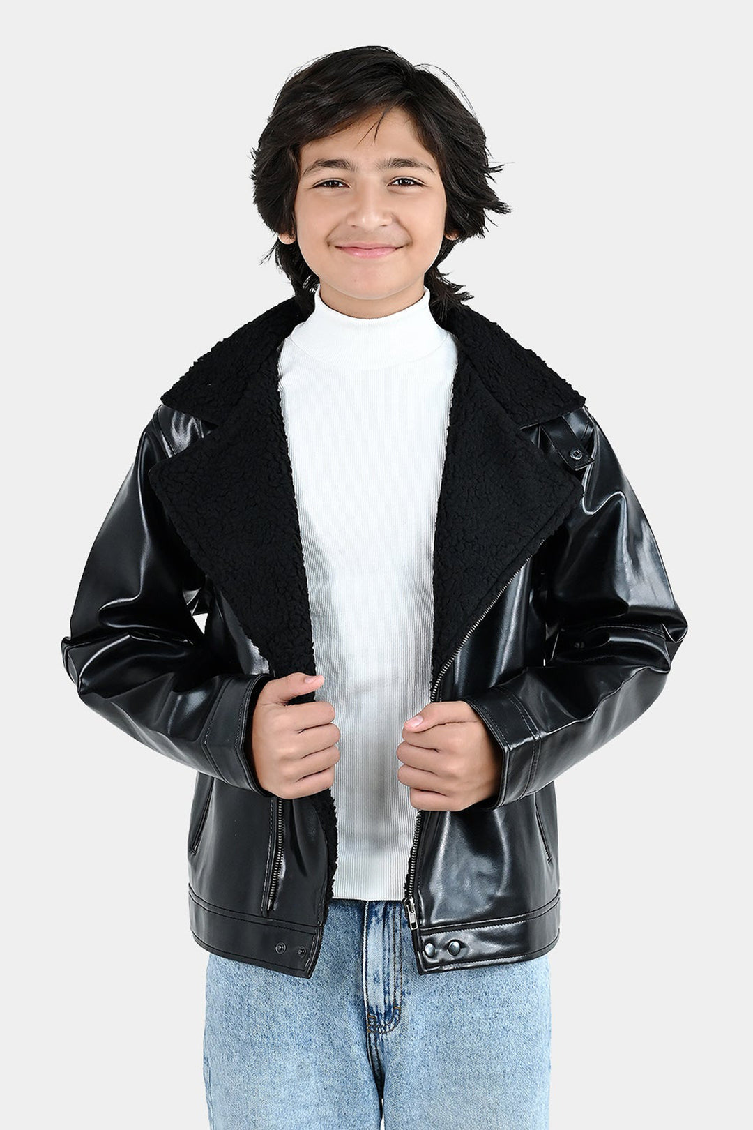 Boys PU Jacket Sherpa Collar - BLACK