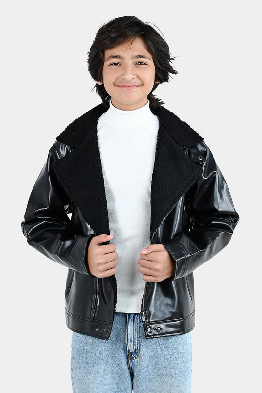 Boys PU Jacket Sherpa Collar - BLACK
