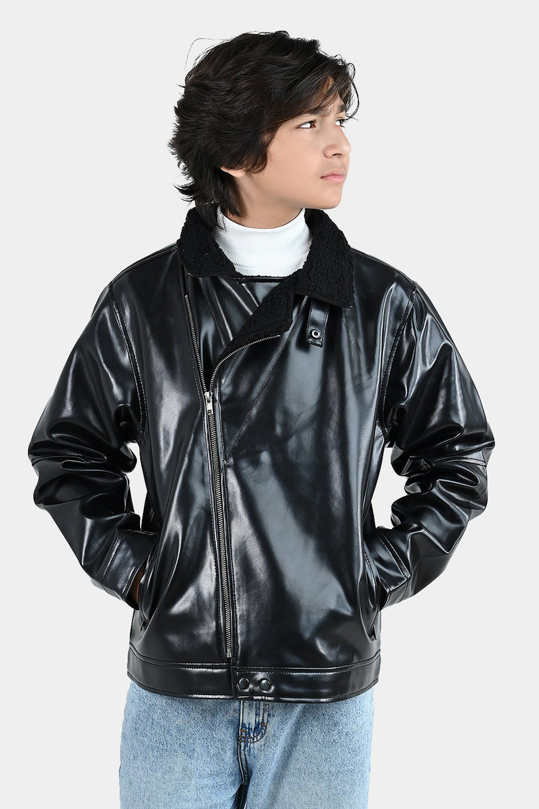 Boys PU Jacket Sherpa Collar - BLACK