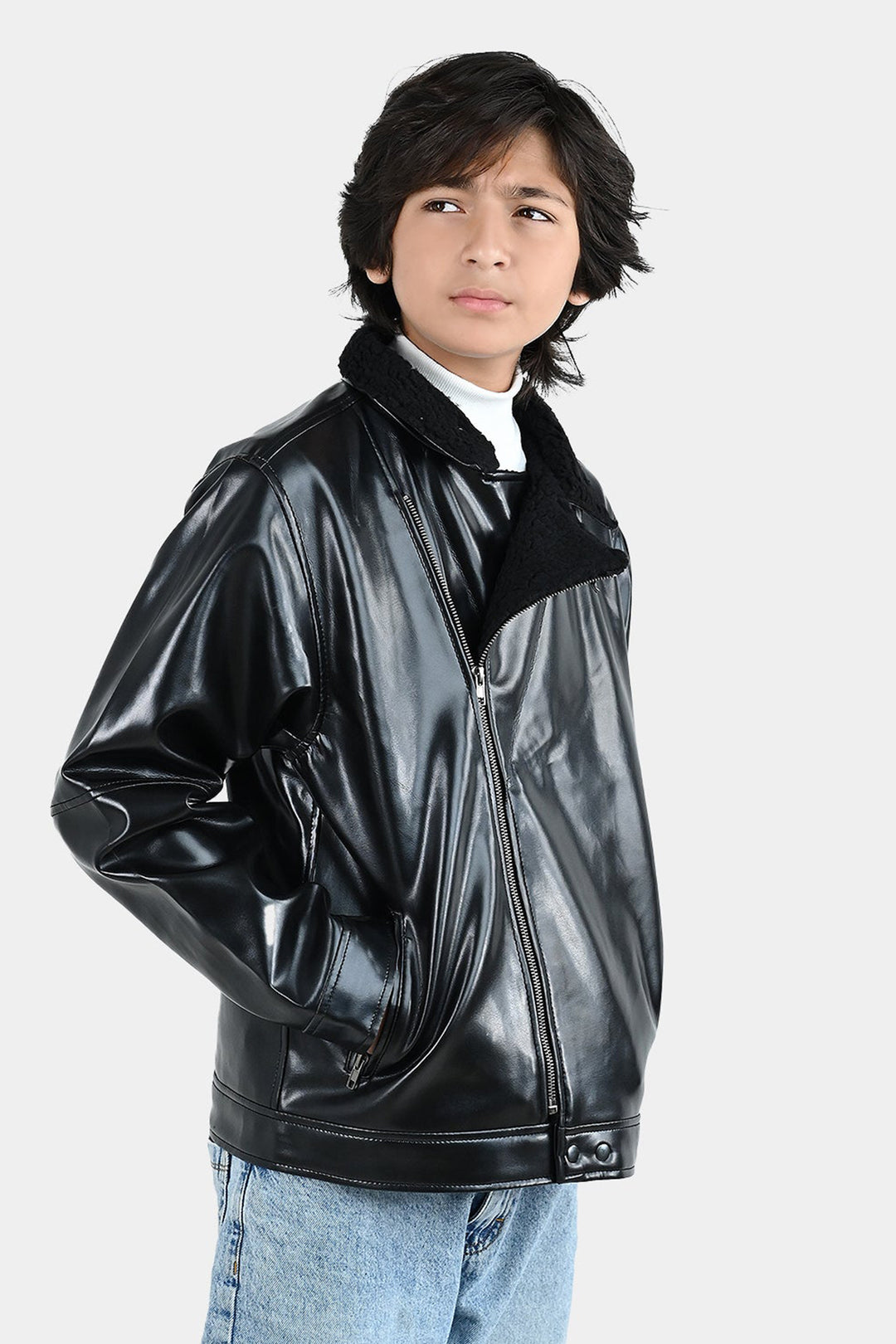 Boys PU Jacket Sherpa Collar - BLACK