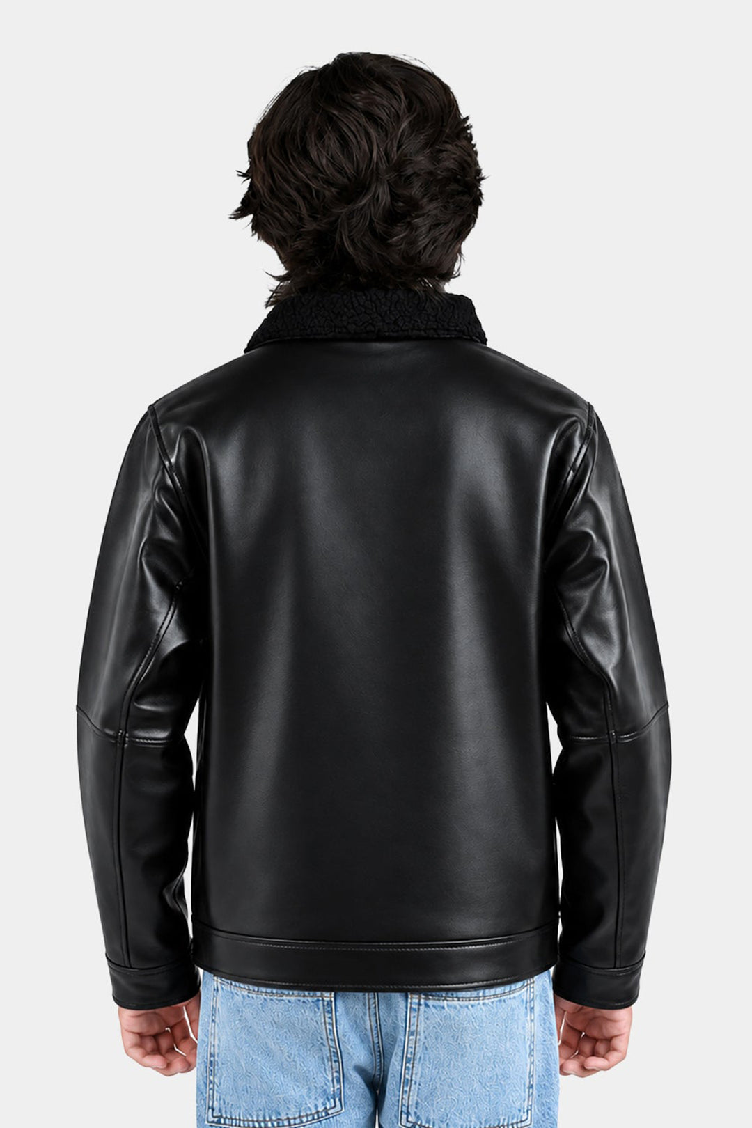 Boys PU Jacket Sherpa Collar - BLACK